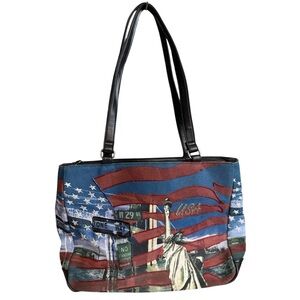 FRANKIE & JOHNNIE New York Themed Red Blu Beaded Shoulder Bag Purse Tote Handbag